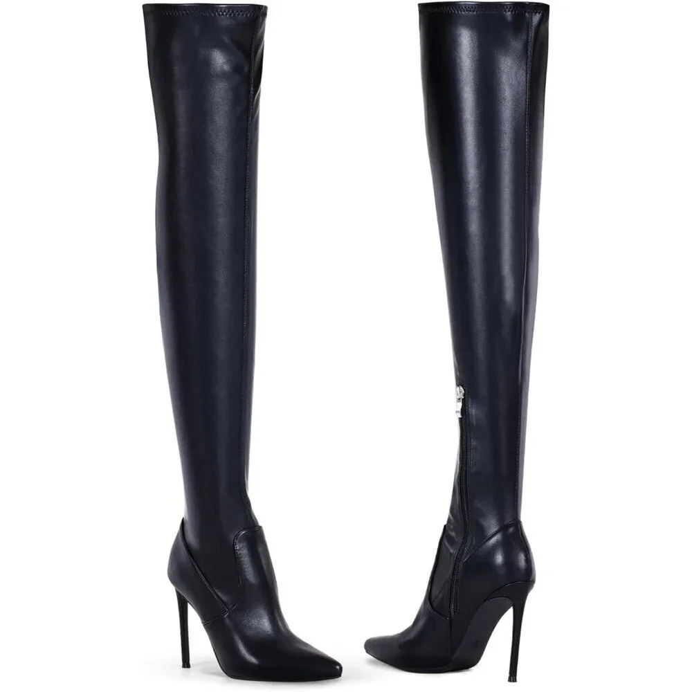 Women Black Matte Suede Pointed Toe 4.3 inch Stilettos Thigh High Heels Boots